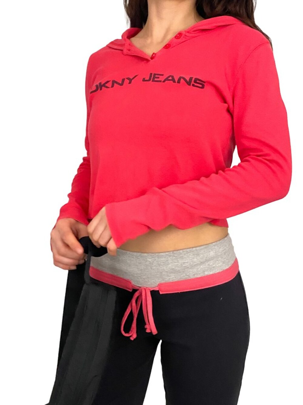 dkny jeans pink long sleeve hooded cropped top